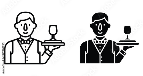 Waiter server icon set featuring male steward in uniform with bow tie holding tray and glass for restaurant service hospitality