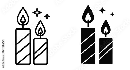 burning candle icons set with flame and sparkles in outline and solid black style for celebration holiday and religious events
