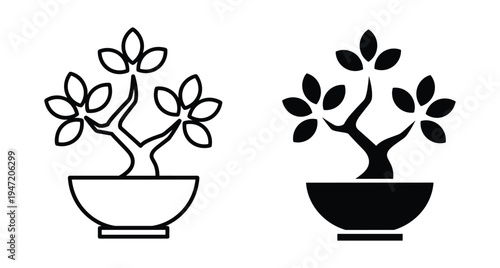 Bonsai tree icon set featuring outline and solid black silhouettes of miniature trees in ceramic pots for nature and zen design