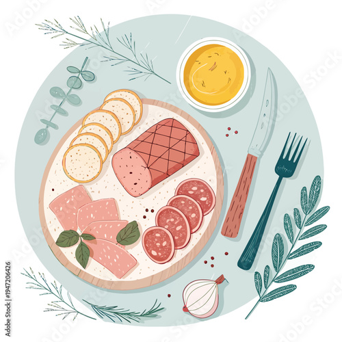 Delicious charcuterie board with assorted meats, bread, mustard, and herbs, beautifully arranged on a wooden platter