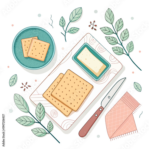 Delicious and simple cracker snack with butter, arranged neatly on a wooden board with fresh botanical elements for a healthy and light meal