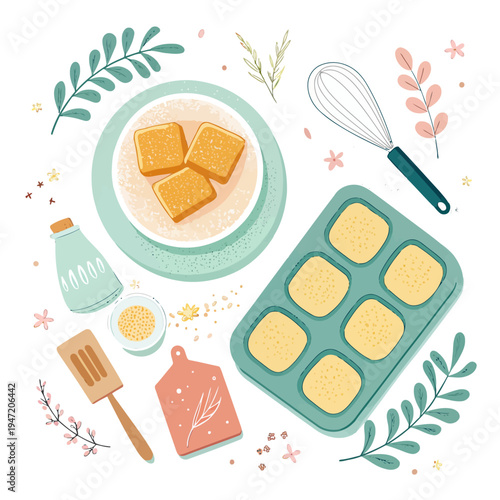 Homemade baked goods with baking ingredients and tools