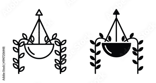 Hanging plant pot icon set with trailing leaves and vines for indoor home garden decoration and minimalist interior design elements