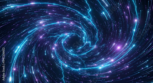 Swirling neon light trails in purple and blue hues for futuristic backgrounds or visual effects