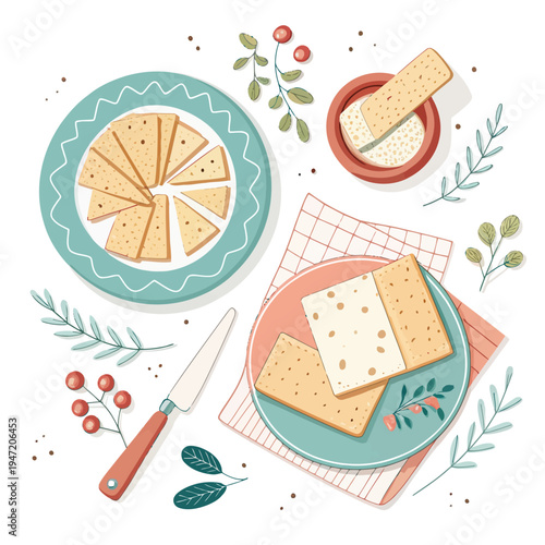 Artistic flat lay illustration of a delightful homemade snack assortment, featuring savory triangular pastries, a creamy dip, and fresh botanical decor, ideal for sharing