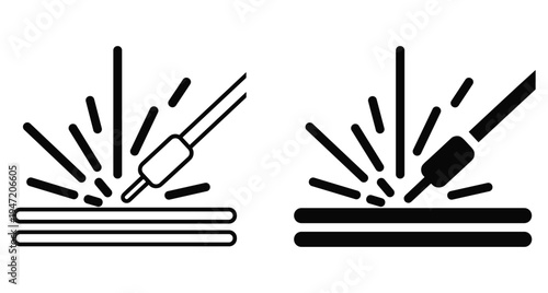 Welding process icon showing electrode sparks and metal plates in outline and solid black silhouette styles for industrial manufacturing design projects