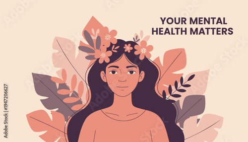 Vector illustration of woman with flowers in hair, mental health awareness