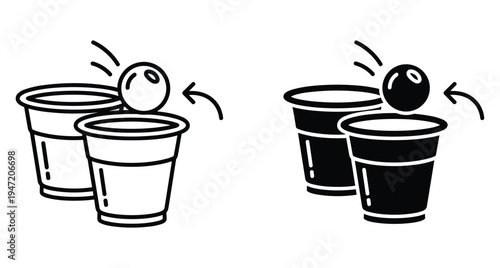 Beer pong drinking game icons featuring plastic cups and ping pong ball with motion arrows in outline and solid black styles