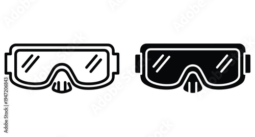 Safety goggles icon set including line and solid glyph styles for industrial protection laboratory work construction and diving equipment design