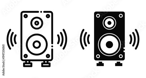 Speaker icon set with sound waves representing audio volume music equipment electronic device stereo system loud noise broadcast signal technology