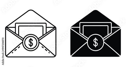 Open envelope with dollar sign coin seal containing paper card in outline and solid black vector icon styles for payment salary bonus donation financial mail business transaction
