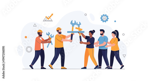 Diverse Team Collaborating with Tools, Building Success Together