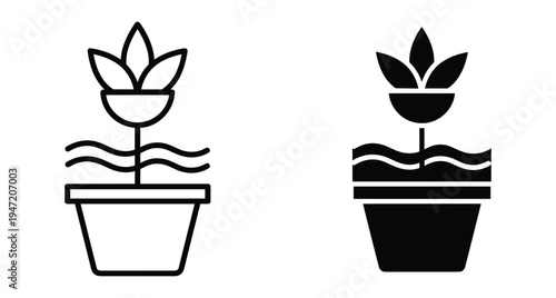 Plant in pot icon set with outline and solid glyph styles showing growing leaves and soil for gardening and nature