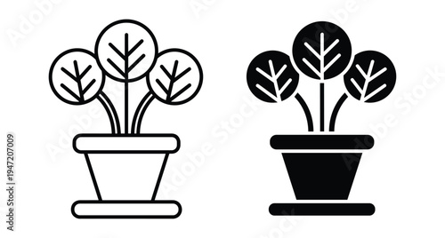Potted plant icon set with round leaves in outline and solid black silhouette styles for home decor and gardening design