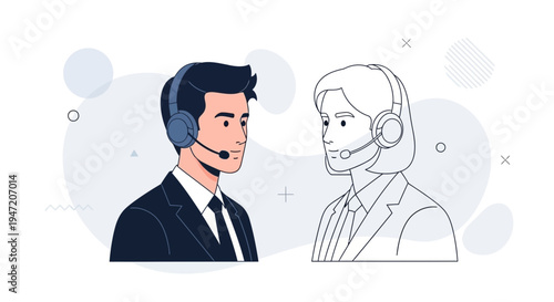 Customer service agents, one colored, one line art, wearing headsets, professional communication