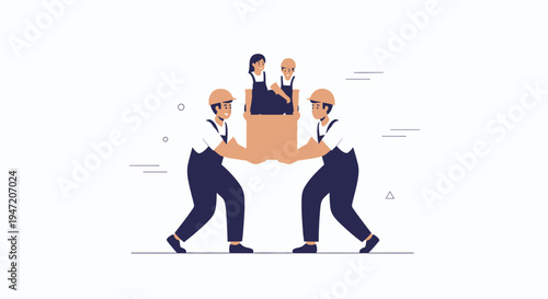Movers carrying a box with people inside, teamwork, moving house, delivery service
