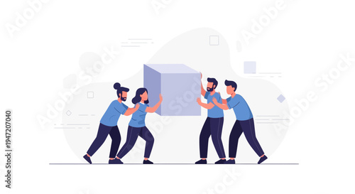 Teamwork pushing cube, business collaboration, strategy, problem solving, unity, partnership