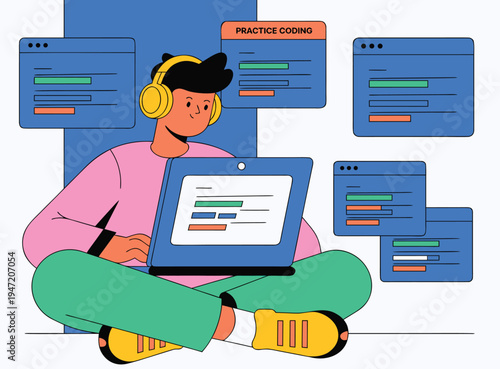 Illustration of Young Programmer Practicing Coding on Laptop with Headphones
