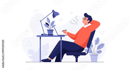 Man Relaxing at Desk with Laptop, Working from Home, Modern Office Illustration