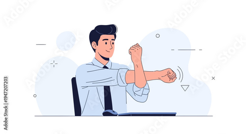Man stretching arms at desk, healthy office work, ergonomic break, businessman relaxation