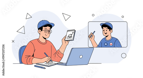 Online learning: student with laptop and video call, studying remotely