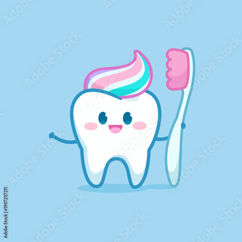 Happy cartoon tooth character in kawaii style with toothbrush for kids dental care design. Cute tooth brand character or mascot for children dental clinic. Editable vector (not AI)