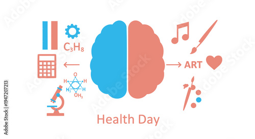 Vector illustration of brain with science and art symbols for Health Day