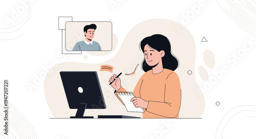 Woman on video call taking notes, online meeting, remote work, digital communication