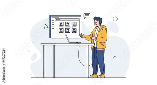 Young man in headphones attending online meeting via laptop and large screen display