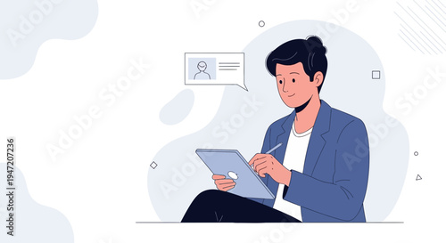Young man with tablet and stylus, thinking, with profile icon in speech bubble
