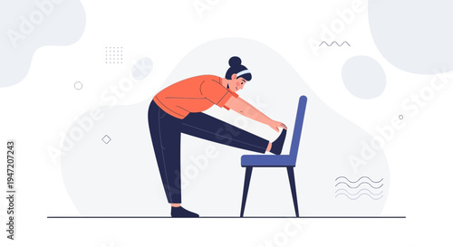 Woman stretching leg on chair, home workout, fitness, healthy lifestyle, vector illustration