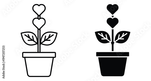 Heart plant in pot icon set with line and silhouette styles for love growth nature gardening and valentine decoration