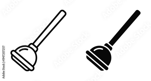 Toilet plunger icon set for plumbing maintenance bathroom cleaning service household tool equipment repair sink drain suction rubber handle