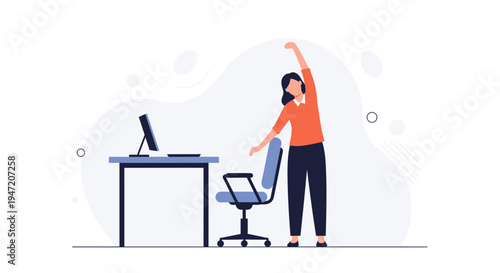 Woman stretching at office desk, healthy work routine, ergonomic workspace