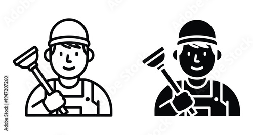 Plumber handyman character holding plunger tool wearing hard hat and overalls in outline and solid glyph style for repair service