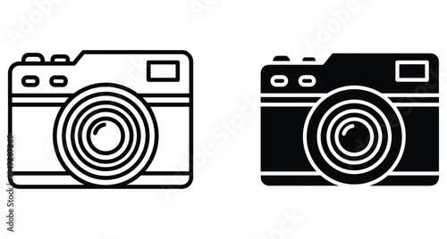 Camera icon set featuring outline and solid glyph styles for photography equipment digital imaging device shutter lens capture technology camera