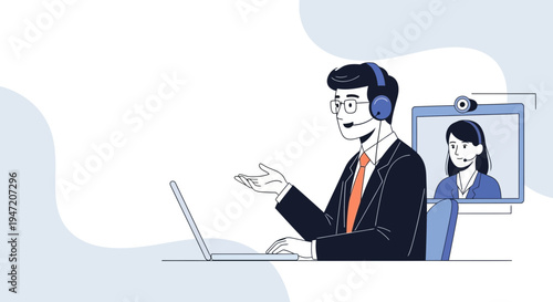 Business video call with colleagues, man with headset and laptop, woman on screen