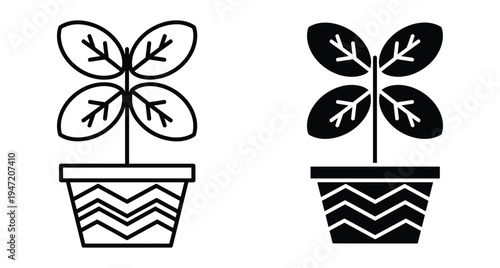 Potted plant icon set featuring outline and solid black seedling designs in decorative pots for gardening nature and growth concepts