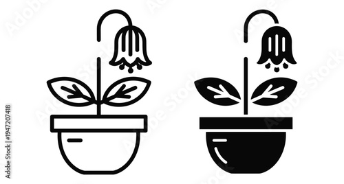 Potted flower icon set featuring a bell shaped bloom with leaves in outline and solid black styles for graphic design projects