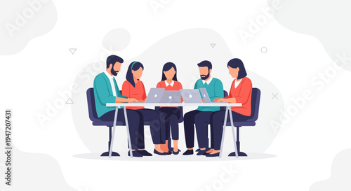 Diverse team collaborating around a table with laptops, modern office meeting.