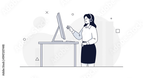 Customer service woman with headset working on computer at desk, minimalist illustration