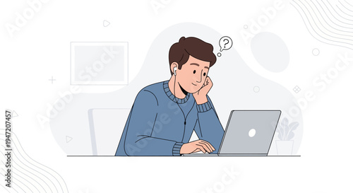 Young man with earbuds thinking while looking at laptop, modern workspace illustration