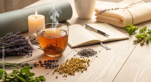 Relaxing herbal tea time with journal and natural ingredients