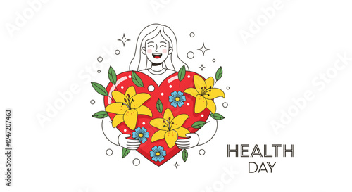 Vector illustration of woman holding heart with flowers for Health Day