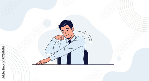 Man Doing Shoulder Stretch at Desk, Office Worker Stretching, Healthy Lifestyle