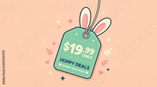 Easter Sale Price Tag Vector Illustration with Bunny Ears, "$19.99 Only", and "Hoppy Deals" Text for Spring Promotions and Discounts