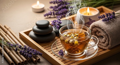 Warm herbal tea setting with natural ingredients and cozy ambiance