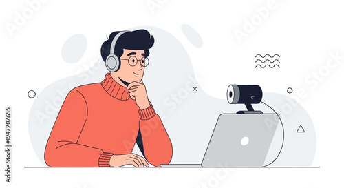 Man with headphones and glasses on a video call with a laptop and webcam