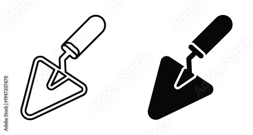 Masonry trowel icon set with outline and solid black styles for construction building renovation masonry work and professional hand tools