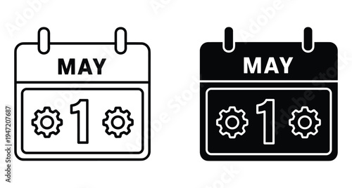 may 1st calendar icon set for international workers day featuring gears and cogs representing labor industry work and professional schedule